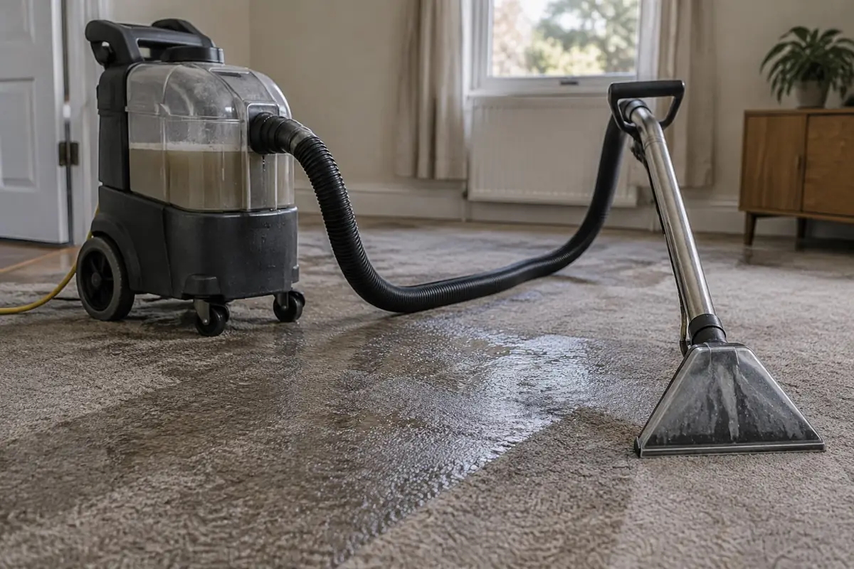 Illustration: a portable extraction unit with its wand resting on wet carpet and water in the recovery tank.