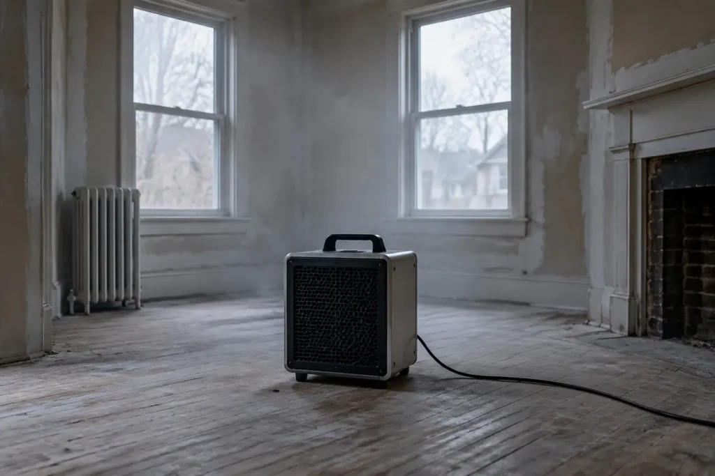 Illustration: a hydroxyl generator running in an empty room during odour treatment.