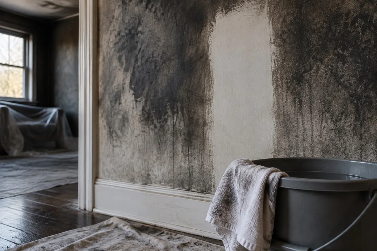 Illustration: a sooted wall part-wiped, showing a clean stripe against the darkened surface.