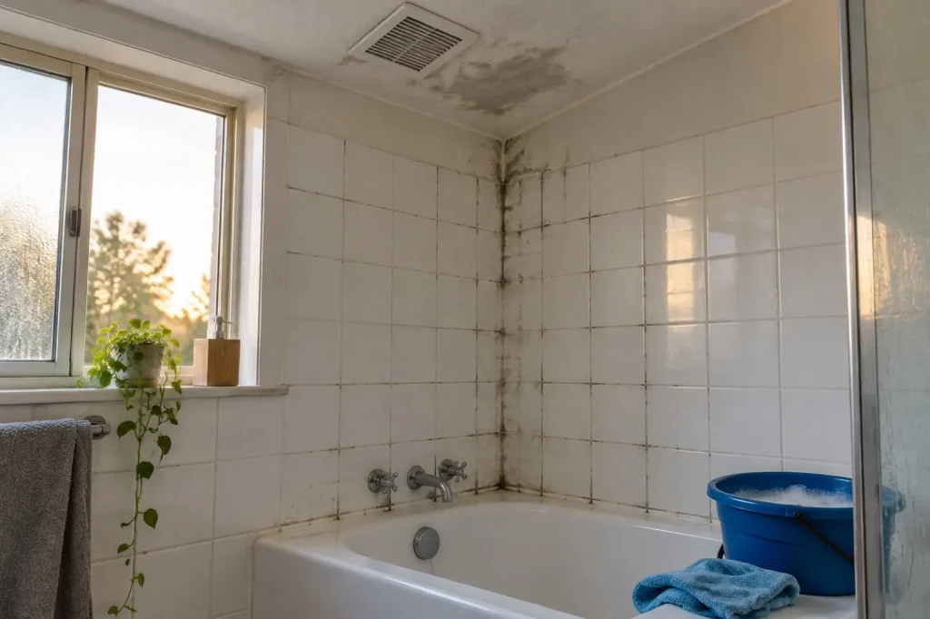 Illustration: a bathroom corner with darkened grout and a ceiling stain near the exhaust fan, not a reference image of mold