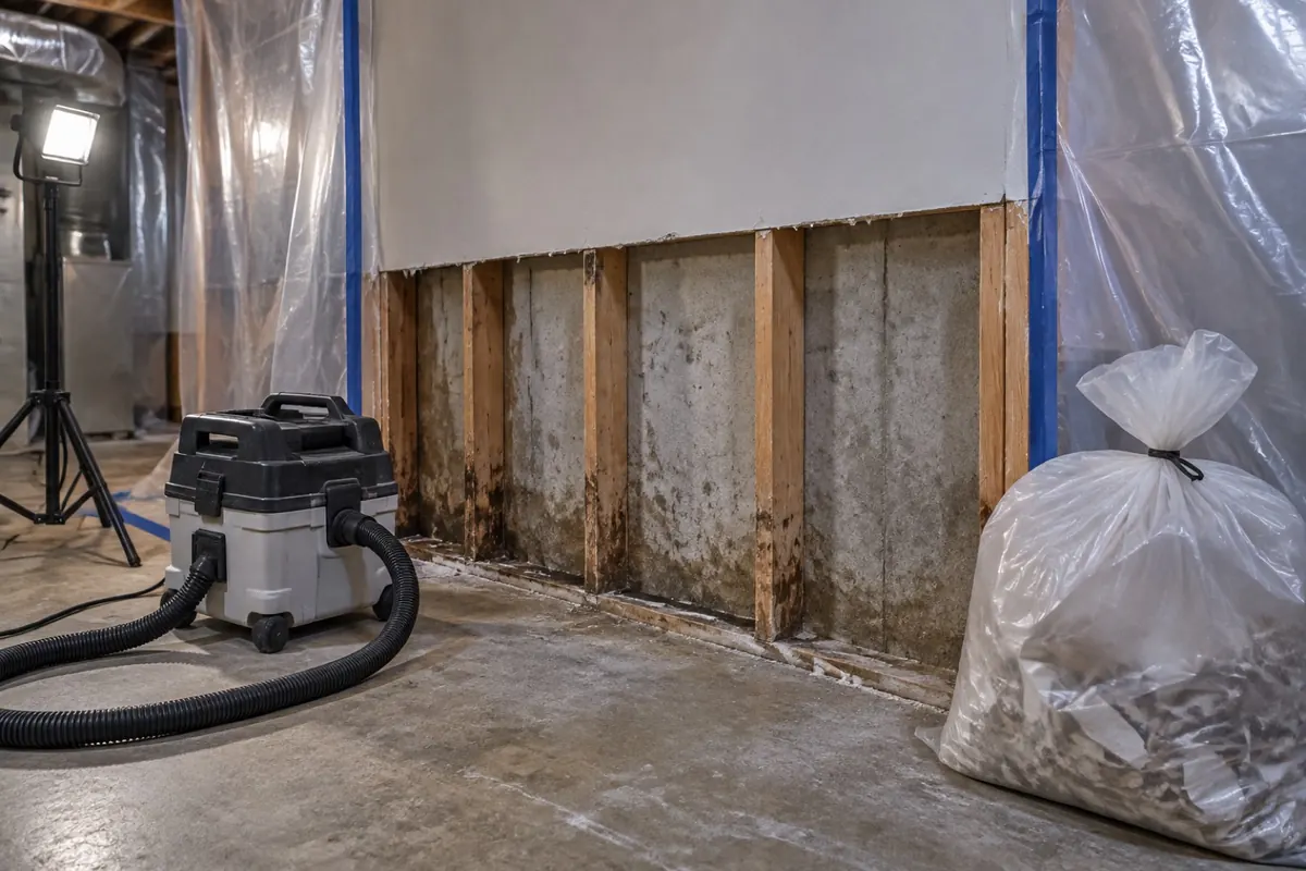 Illustration: a cut-out drywall section inside plastic sheeting with a HEPA vacuum and a sealed waste bag