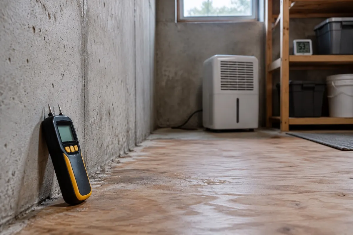Illustration: a moisture meter, humidity gauge and dehumidifier used to confirm a room is dry after cleanup