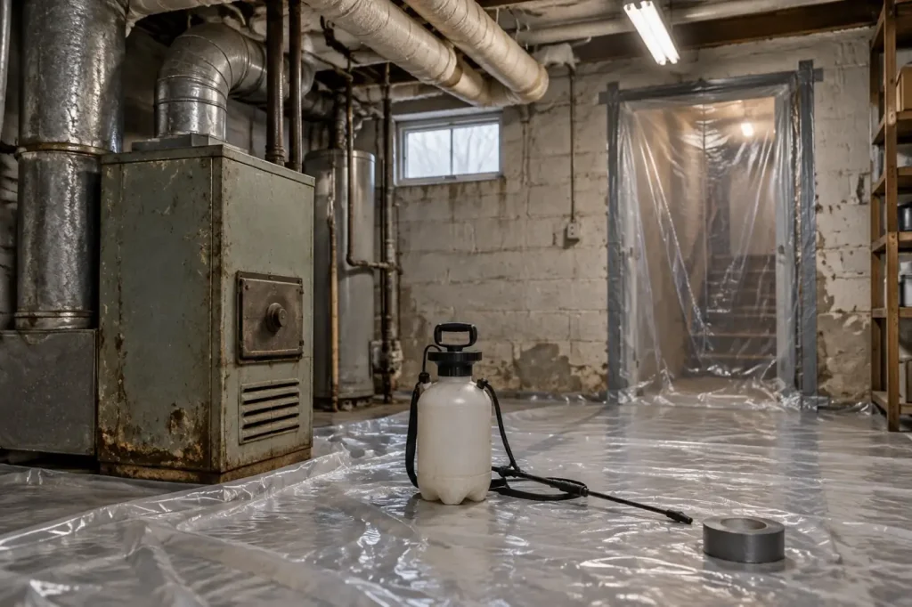 Illustration: a basement utility room sealed with plastic sheeting before asbestos work, with a tank sprayer on the floor
