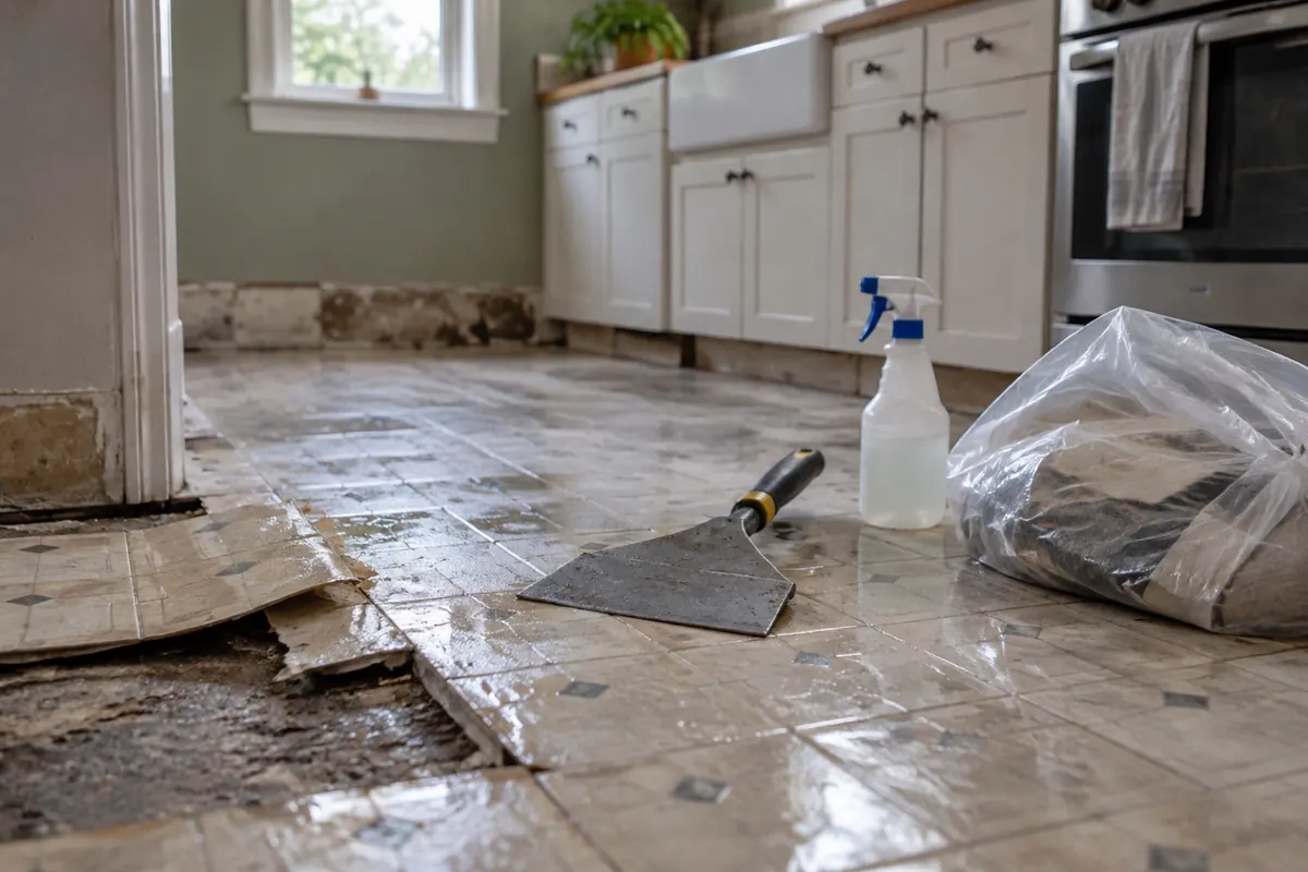 Illustration: partly lifted old vinyl floor tiles kept wet, with a hand scraper and spray bottle