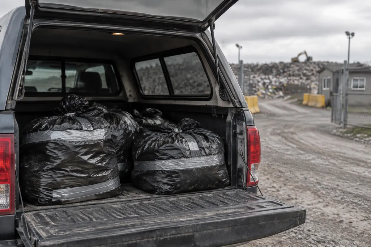 Illustration: sealed, double-bagged waste in a covered truck bed at a landfill gate