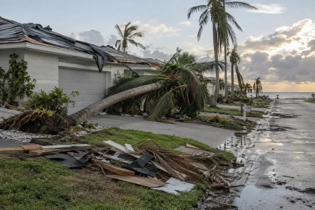 Illustration: storm debris and roof damage on a coastal street.