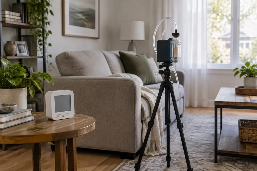 Illustration: an air sampling pump on a tripod beside a home air quality monitor in a living room