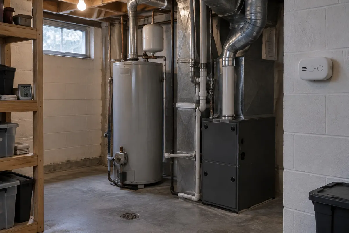 Illustration: a carbon monoxide alarm and a hygrometer in a basement utility area near a furnace