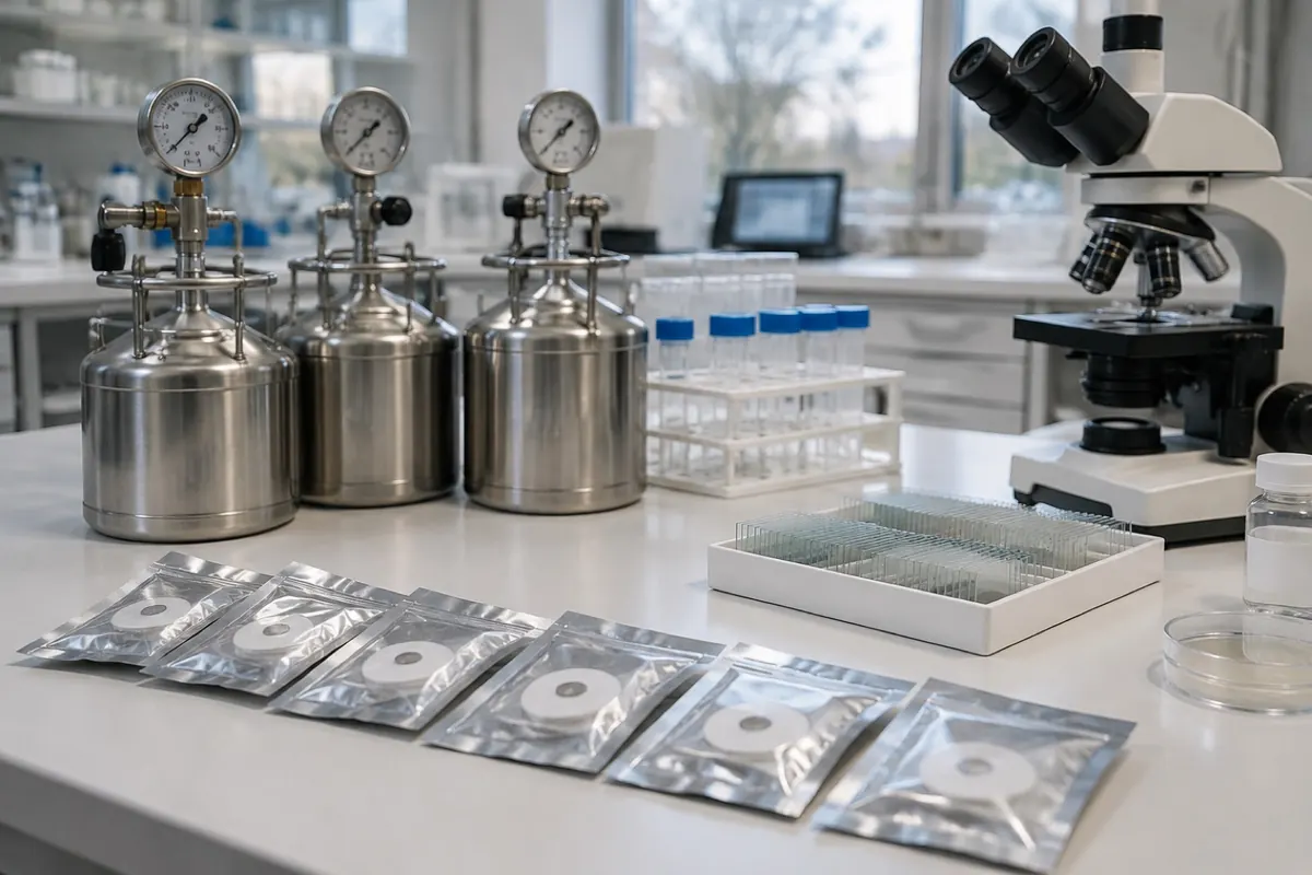 Illustration: air sampling badges, canisters and slides waiting for analysis on a laboratory bench