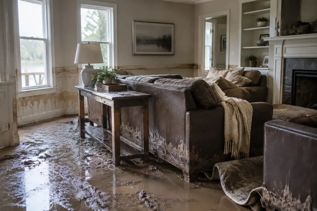 Illustration: a residential living room after floodwater receded, with a mud line on the wall.