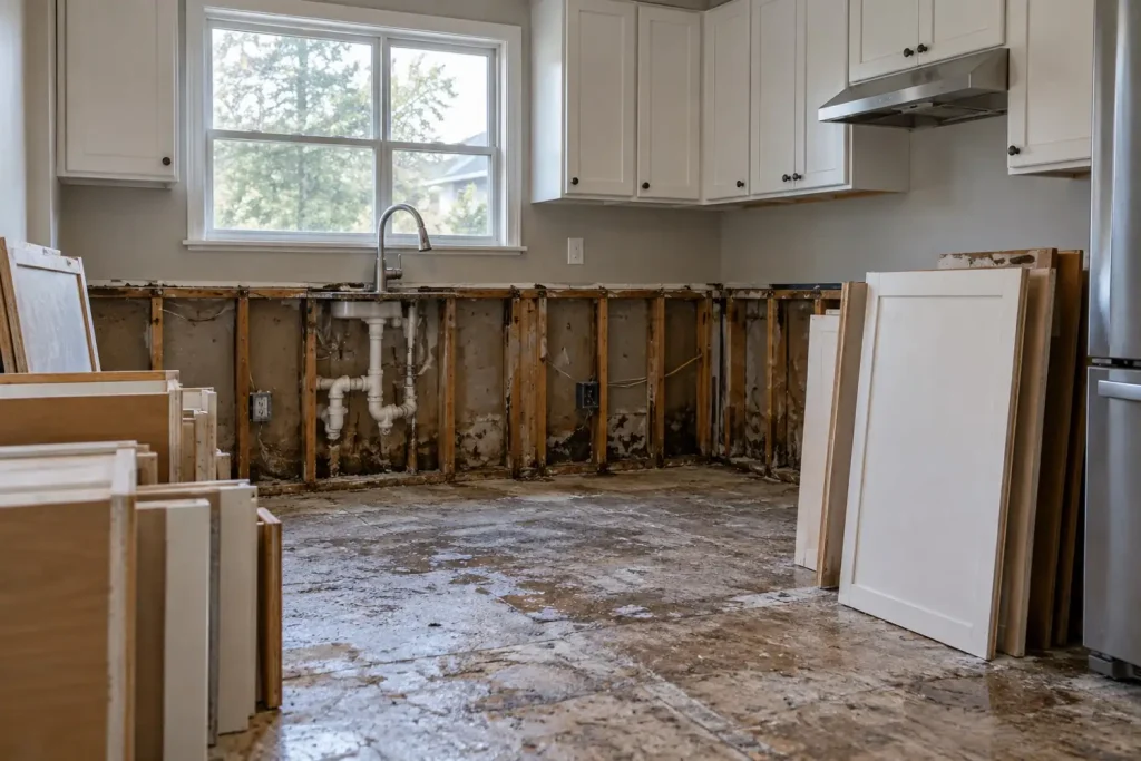 Illustration: a flood-damaged kitchen with lower cabinets removed and the floor stripped, upper cabinets intact.