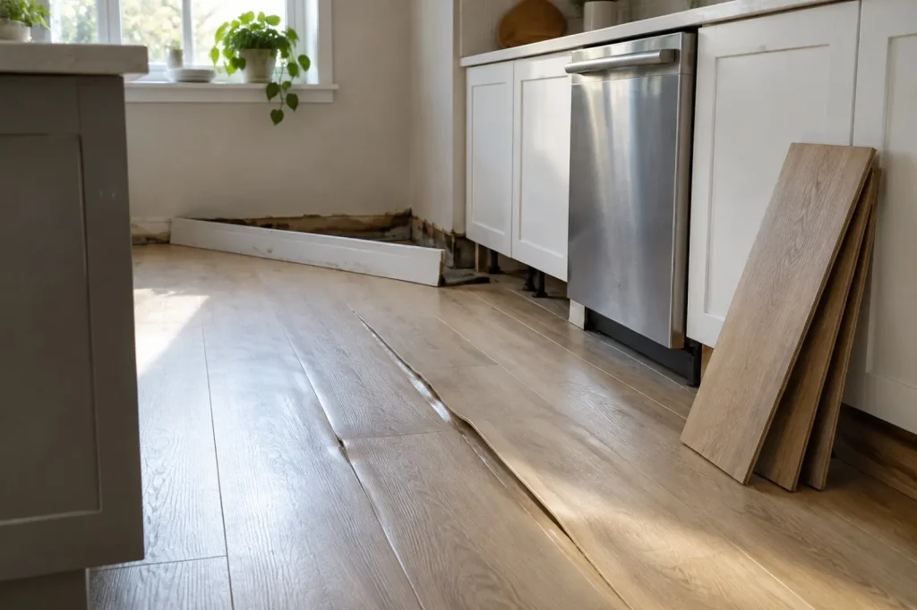 Illustration: laminate planks with raised seams near a dishwasher, standing in for laminate floor water damage