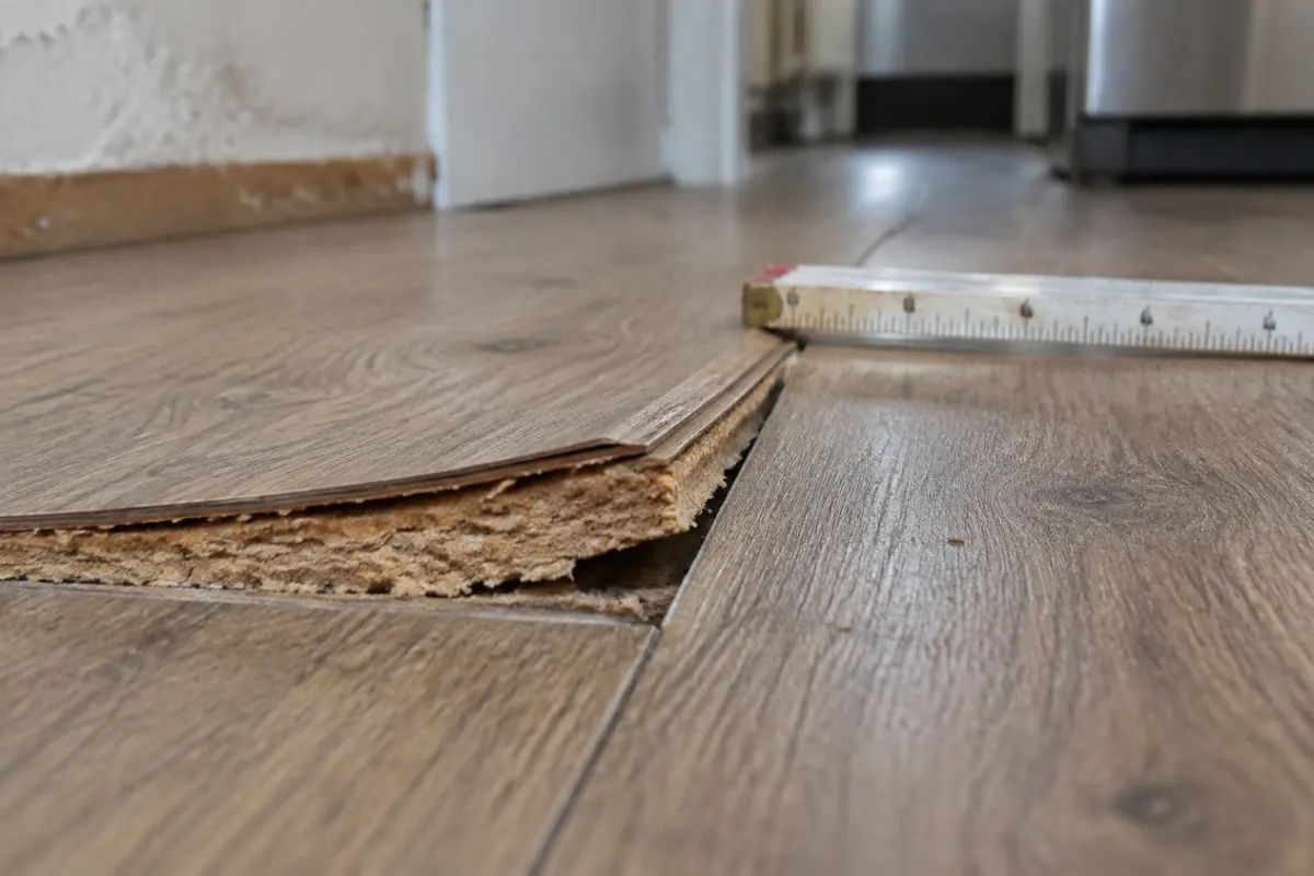 Illustration: the swollen edge of a laminate plank beside a flat one, standing in for core swelling at a seam