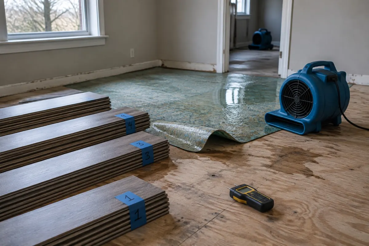 Illustration: numbered laminate planks lifted off a plywood deck with underlayment pulled back, standing in for drying a floating floor
