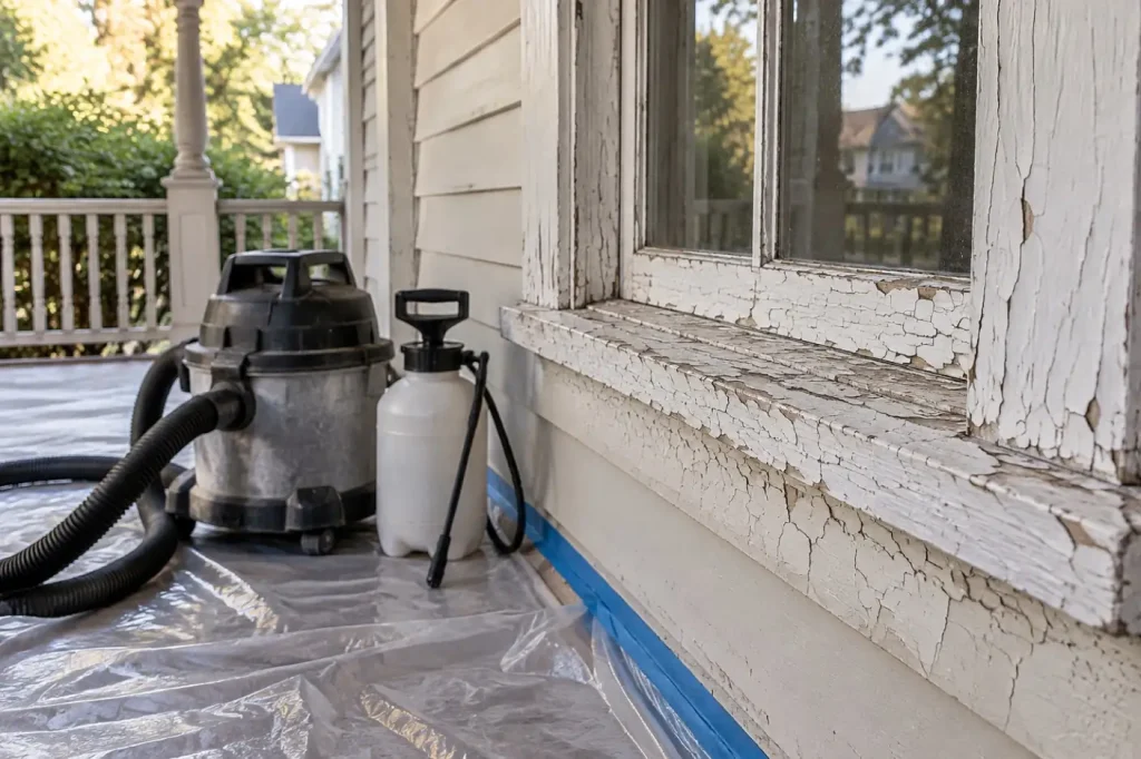 Illustration: a contained porch window with weathered white paint and a HEPA vacuum, standing in for lead-safe exterior prep