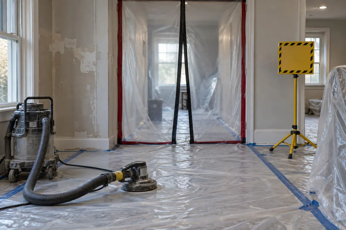 Illustration: an interior work area under containment with a shrouded sander, standing in for an RRP renovation set up
