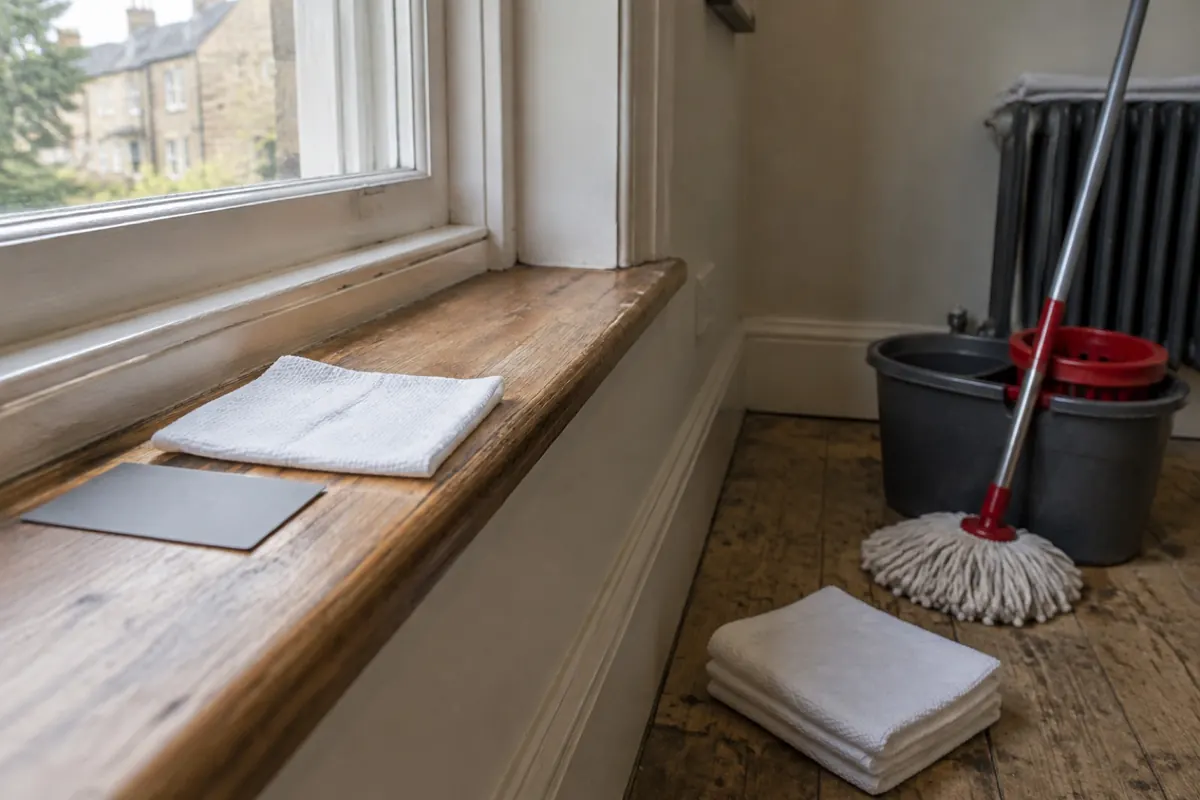 Illustration: a cleaning cloth beside a comparison card on a sill, standing in for RRP cleaning verification