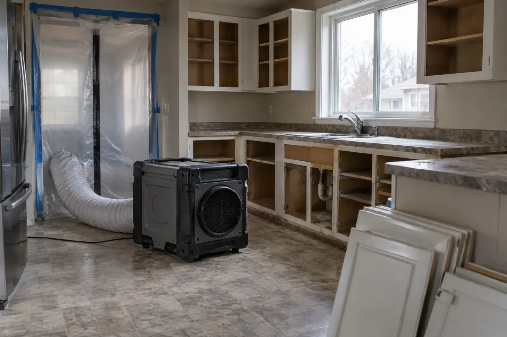 Illustration: an empty kitchen sealed with plastic sheeting and a negative air machine, standing in for a meth cleanup work area