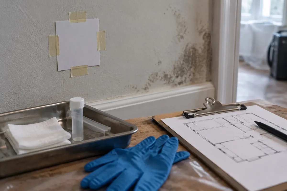 Illustration: a wipe sampling template taped to a painted wall with sample tubes, standing in for meth residue testing
