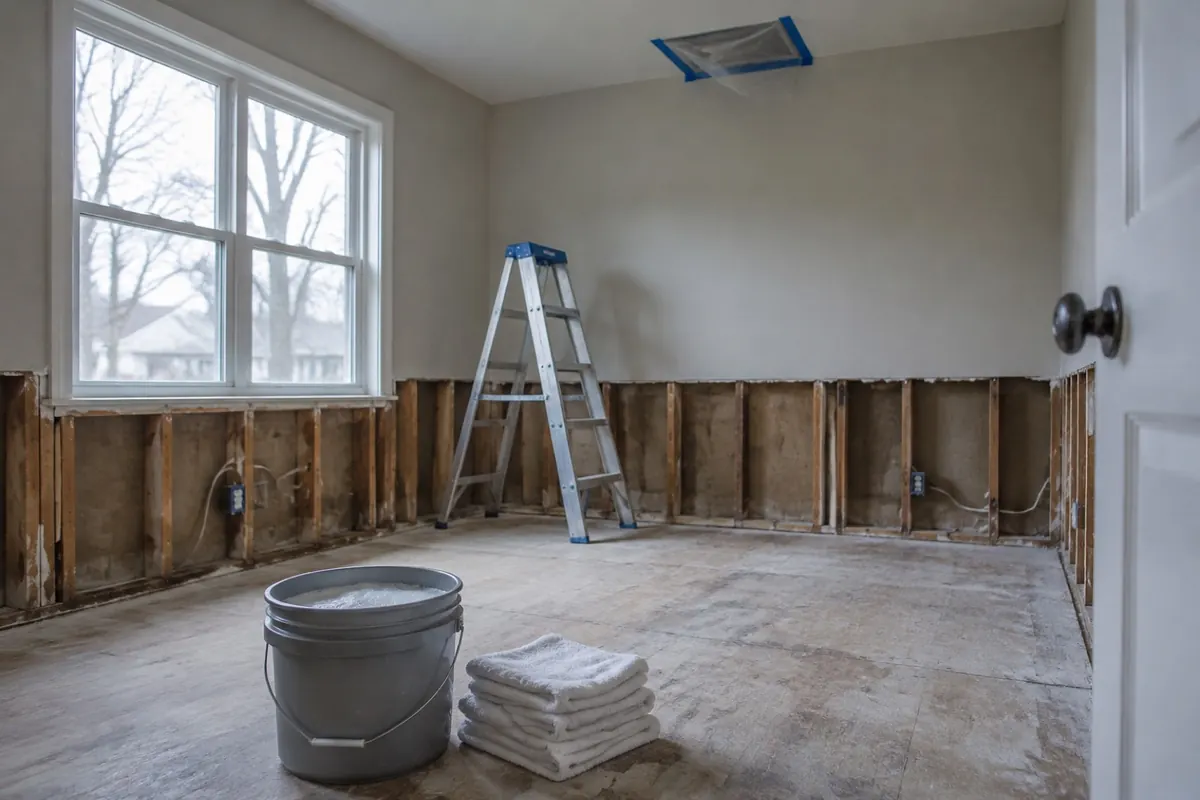 Illustration: a stripped bedroom with wash buckets and a sealed ceiling vent, standing in for detergent washing during meth house remediation