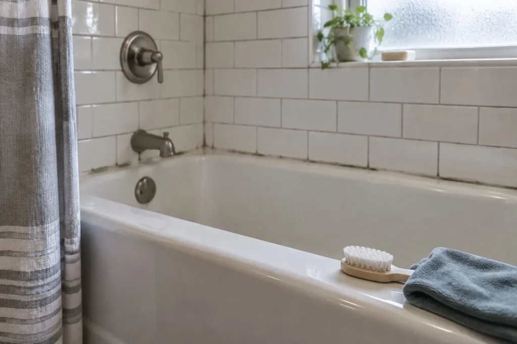 Illustration: a tub surround with a caulk joint, grout brush and shower curtain