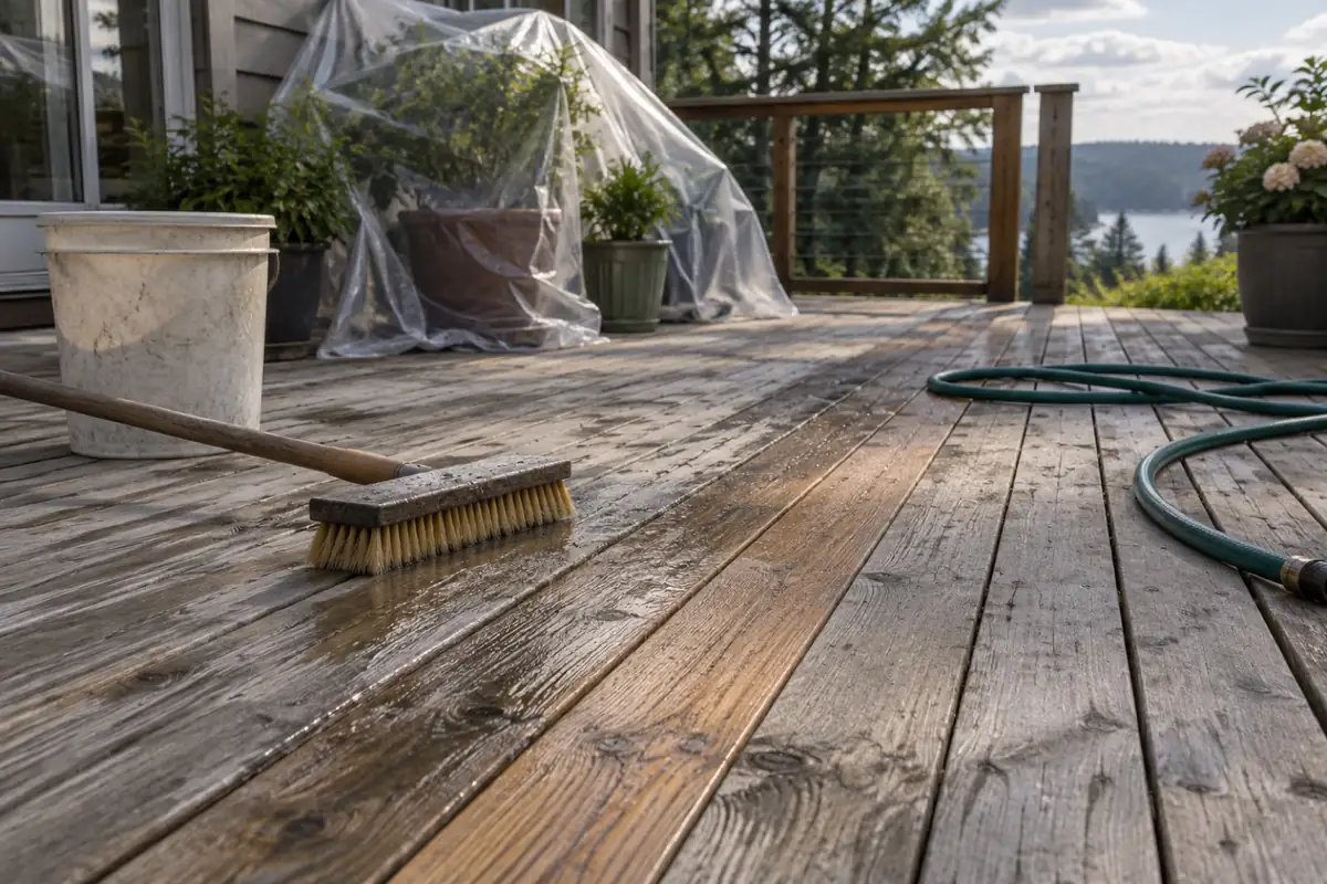 Illustration: a gray cedar deck with one cleaned strip and cleaning tools, plants covered