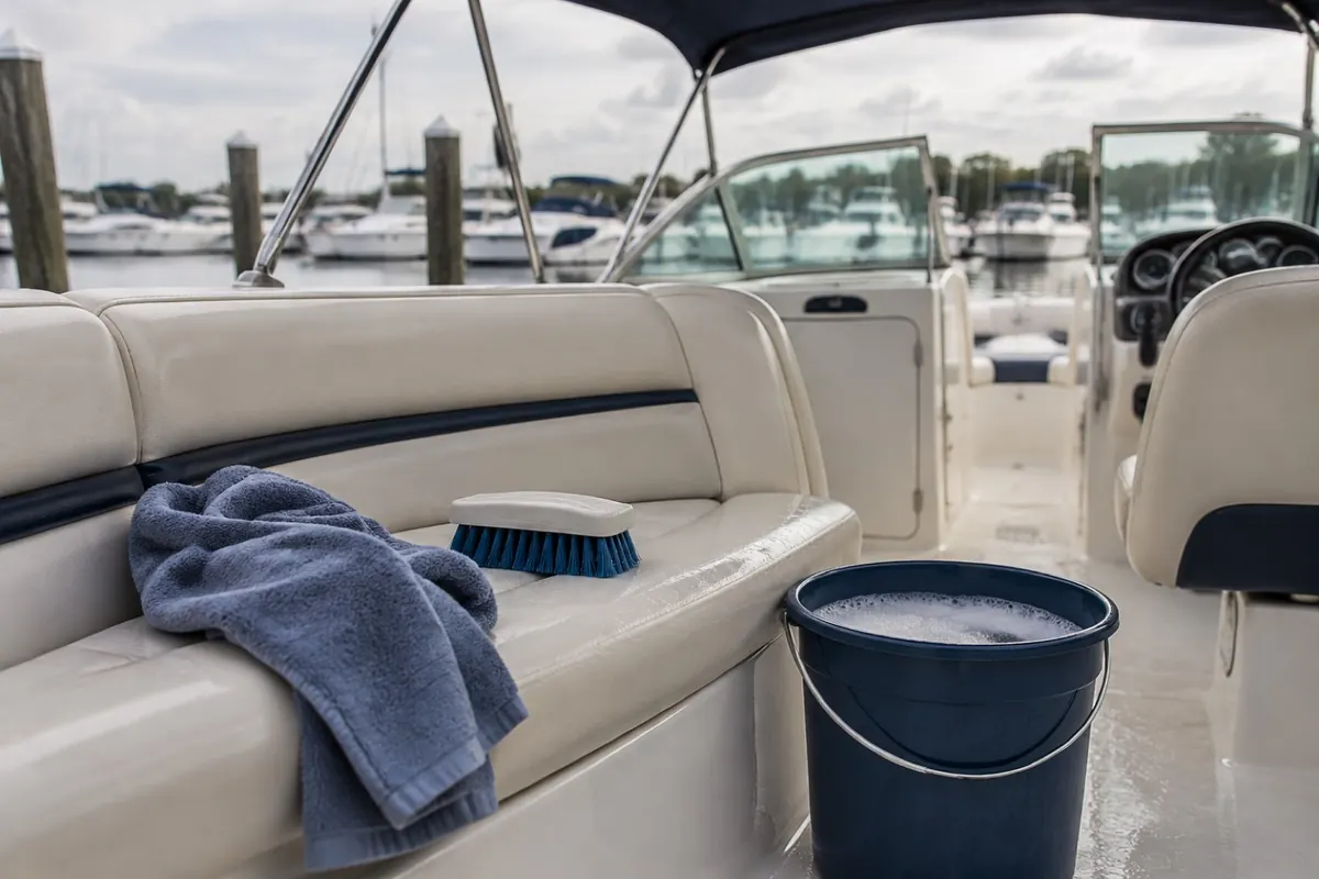 Illustration: boat vinyl seats and canvas top with a soft brush and bucket