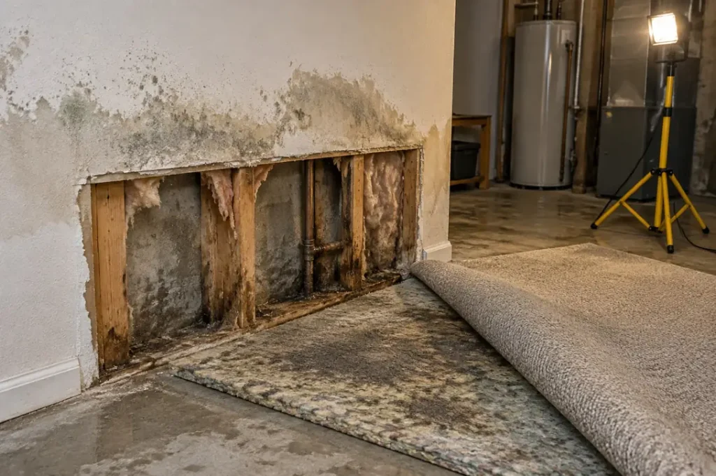 Illustration: a basement wall with stained, spotted drywall cut open to show darkened studs and damp insulation beside rolled back carpet.