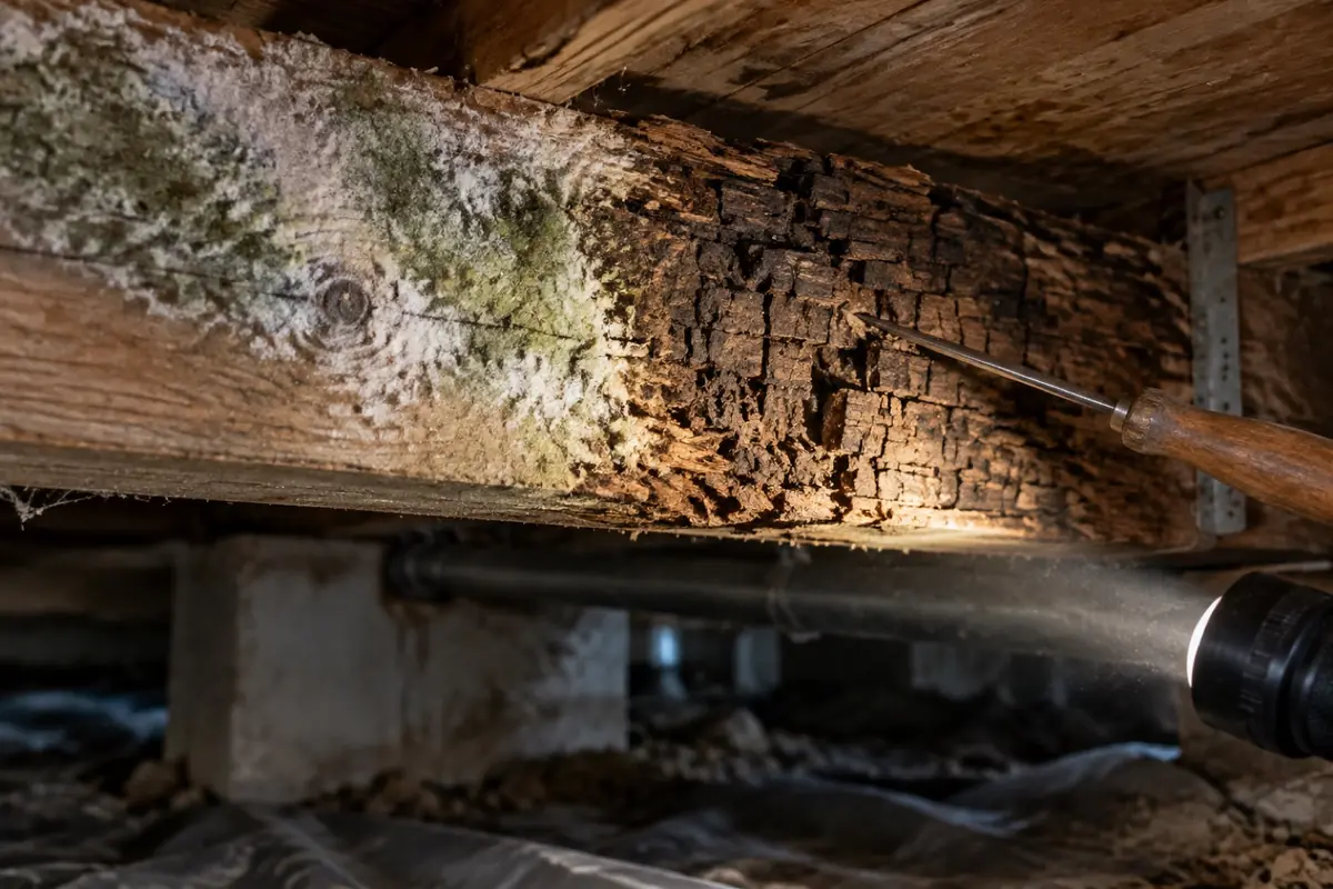 Illustration: a crawl space joist with fuzzy surface growth on one section and dark, cube cracked decayed wood on the next.