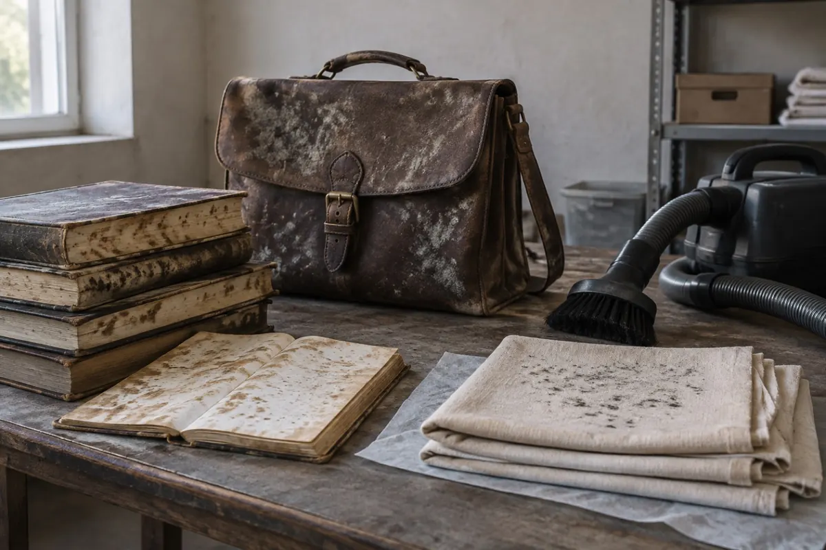 Illustration: spotted books, a leather bag with pale bloom and stained linen laid out on a table next to a vacuum with a brush tool.