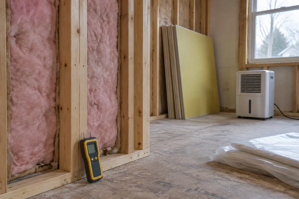Illustration: a room being rebuilt with new studs, fresh insulation, glass mat gypsum panels and a dehumidifier after mold removal.