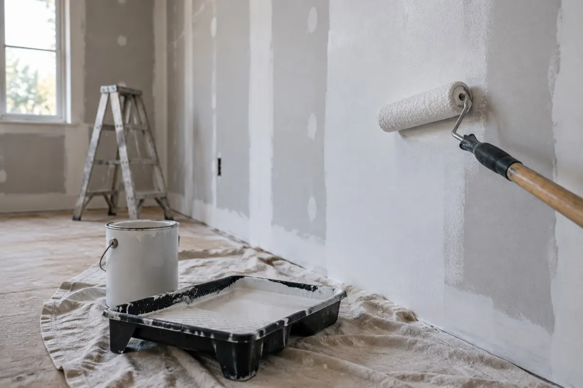 Illustration: new taped drywall halfway through a coat of white primer with a roller, tray and drop cloth.