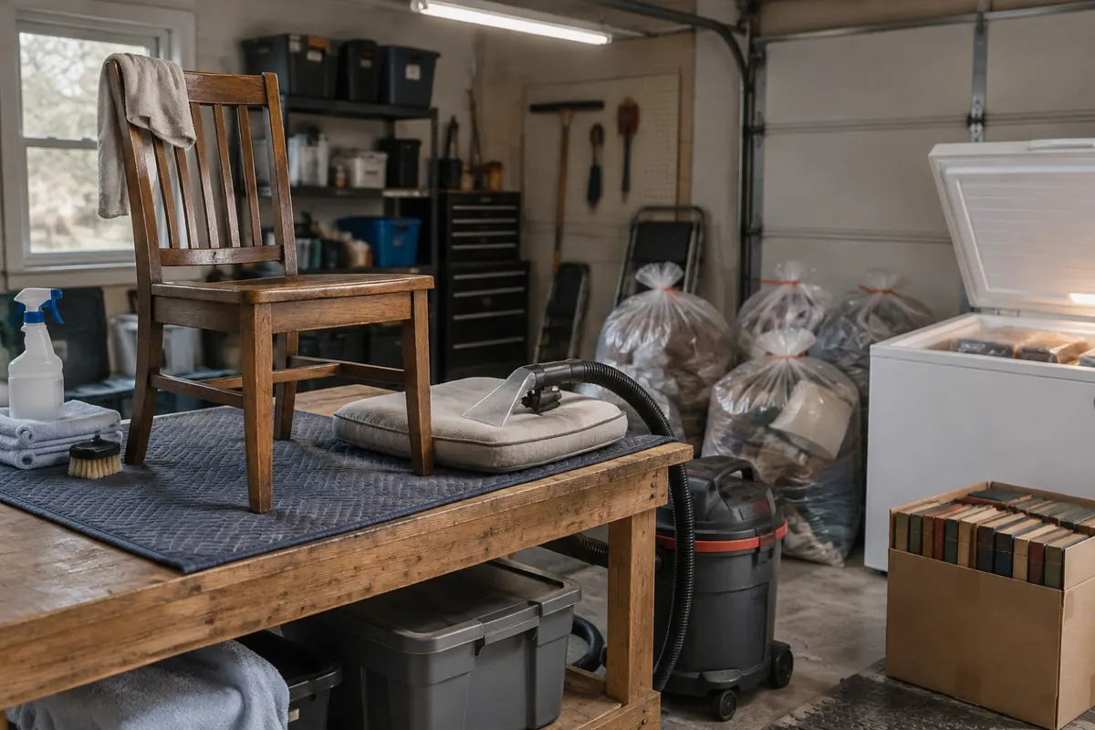 Illustration: a workbench with a cleaned wooden chair, a vacuum on a cushion, bagged discards and boxed books by a chest freezer.