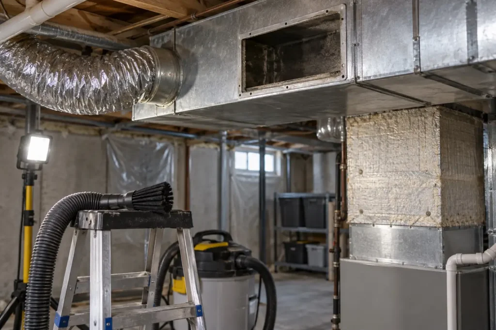 Illustration: three duct materials side by side at a furnace, sheet metal trunk, flexible branch and duct board plenum, with a HEPA vacuum ready