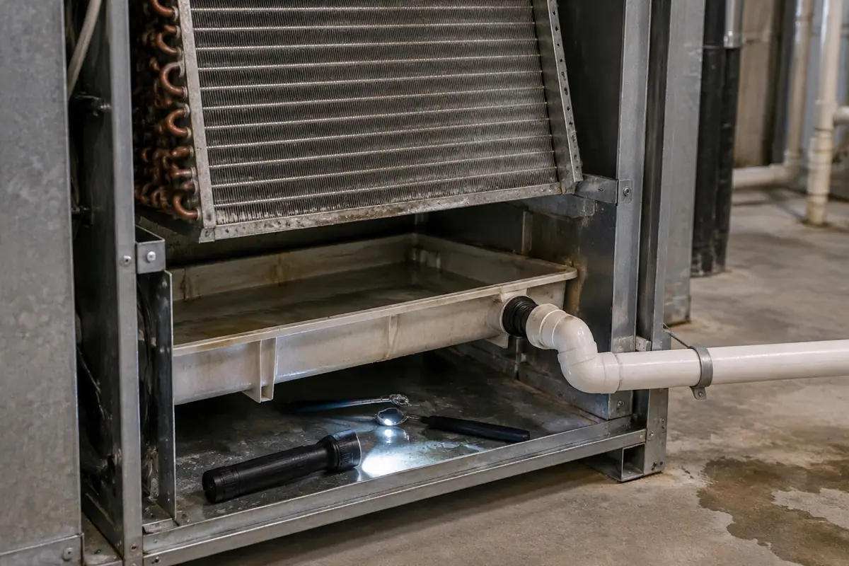 Illustration: an open air handler with the cooling coil and condensate drain pan exposed for inspection