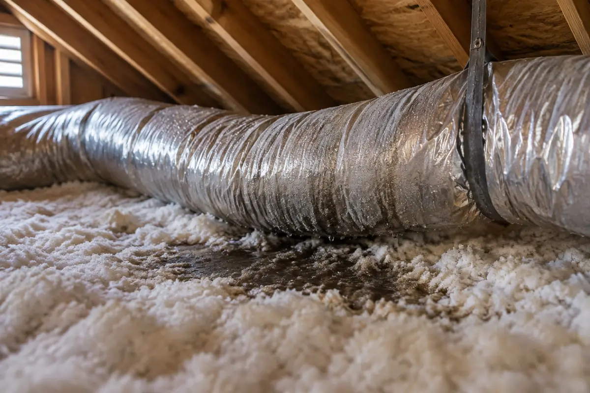 Illustration: condensation beading on a flexible supply duct in a hot attic and wetting the insulation below