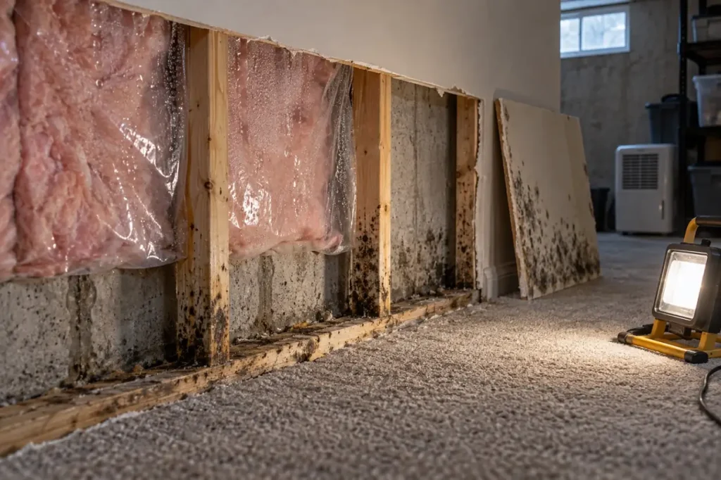 Illustration: a finished basement wall cut open to show wet insulation behind plastic sheeting and mold on the back of the drywall.