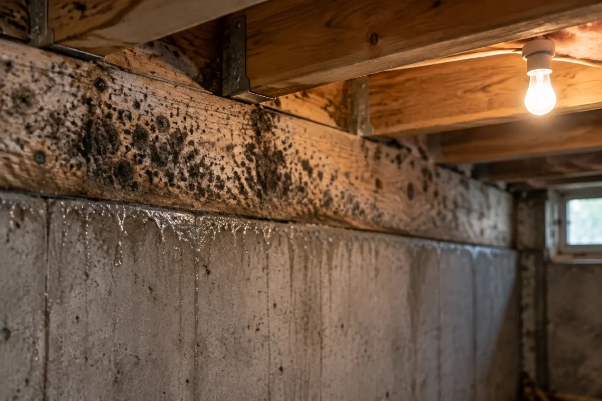 Illustration: mold spots on a basement rim joist above the foundation wall.