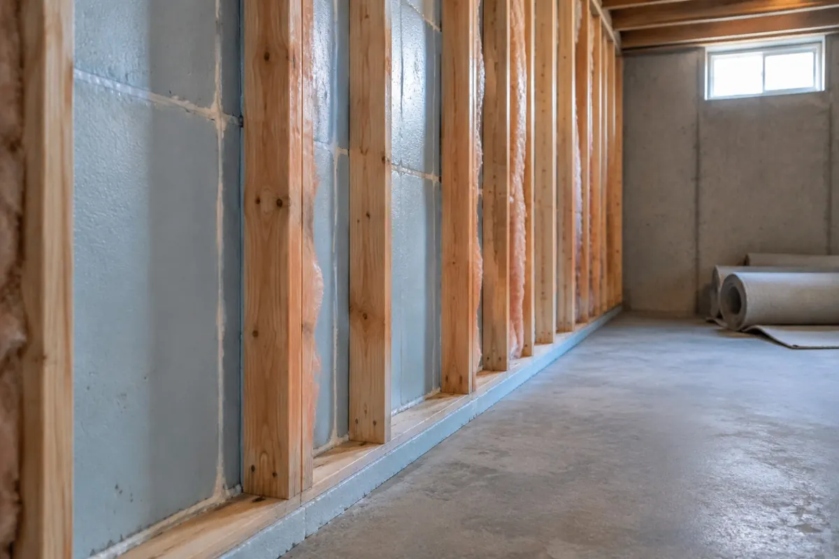 Illustration: a basement wall rebuilt with foam board against the concrete and a stud wall inside it.