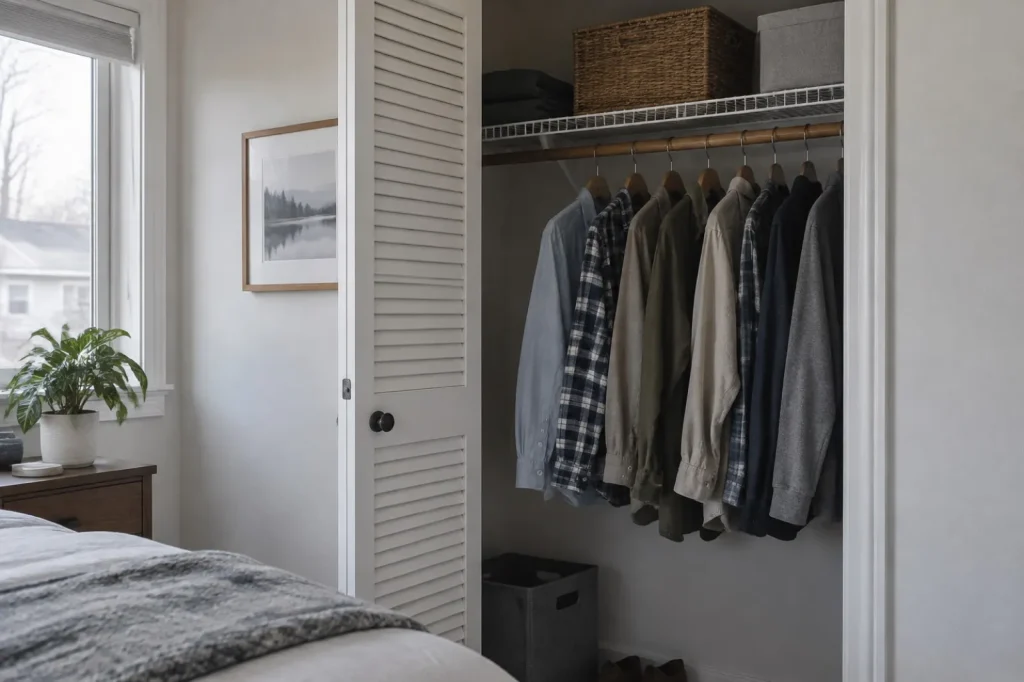 Illustration: a reach-in closet with a louvered door and loosely hung clothes, not a reference image of mold