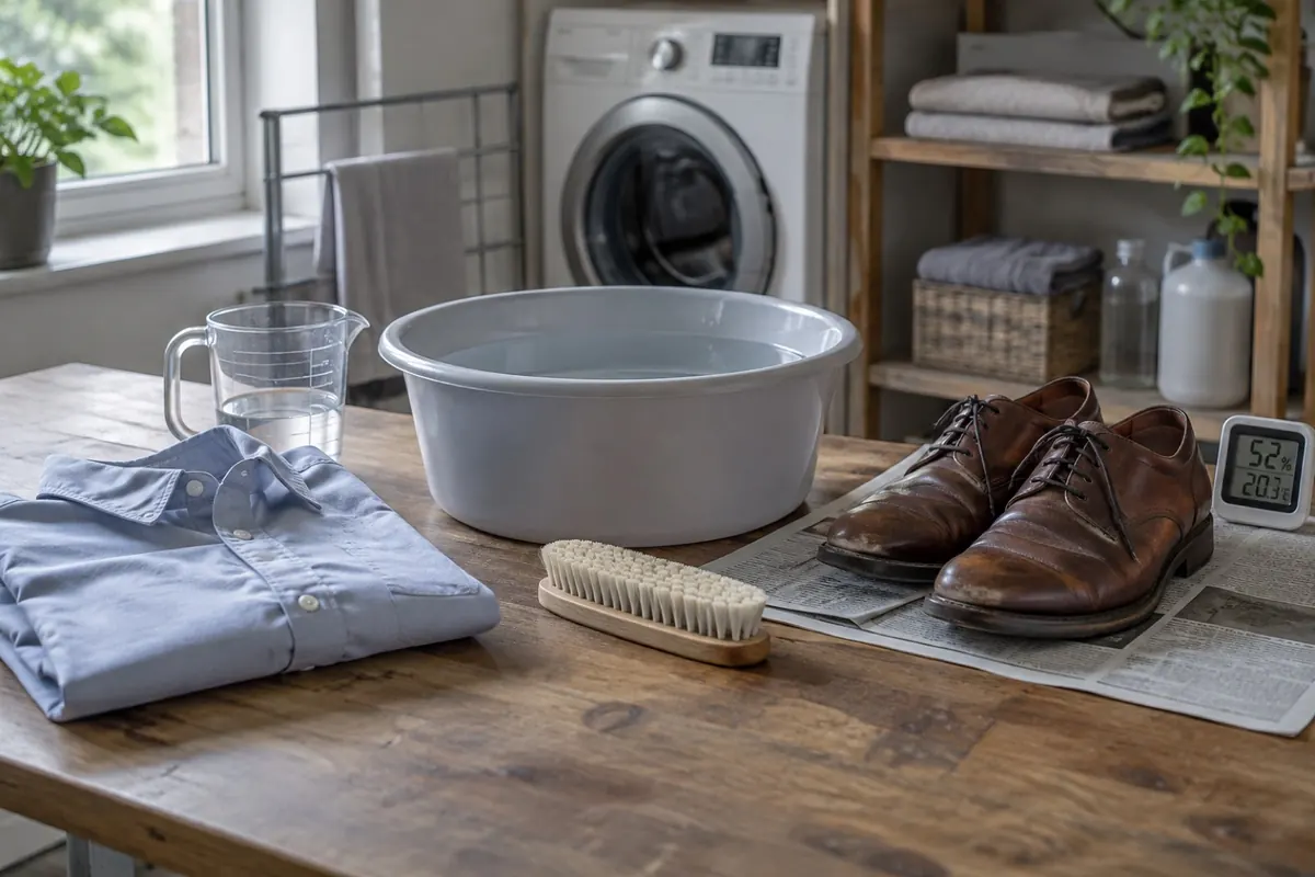 Illustration: laundry supplies, a basin and leather shoes laid out for cleaning beside a hygrometer