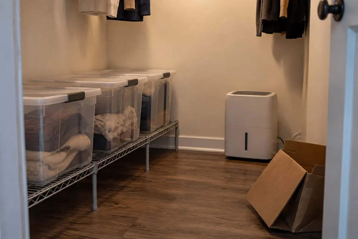 Illustration: lidded plastic bins raised off a closet floor with a collapsed cardboard box set aside