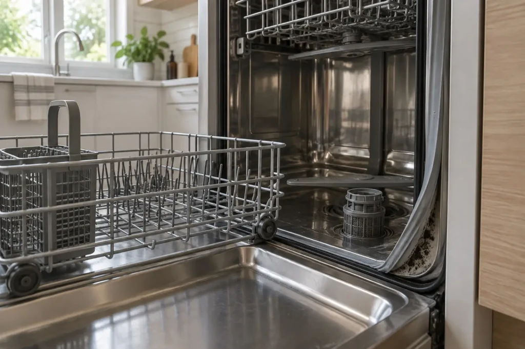 Illustration: an open dishwasher with the rubber door seal folded back to show dark speckled growth in the fold.