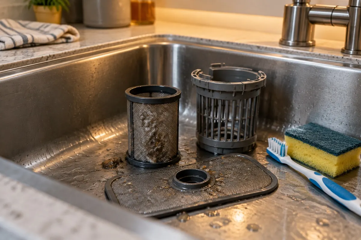 Illustration: a removed dishwasher filter assembly with food sludge on the mesh, a soft brush and sponge beside it in a sink.