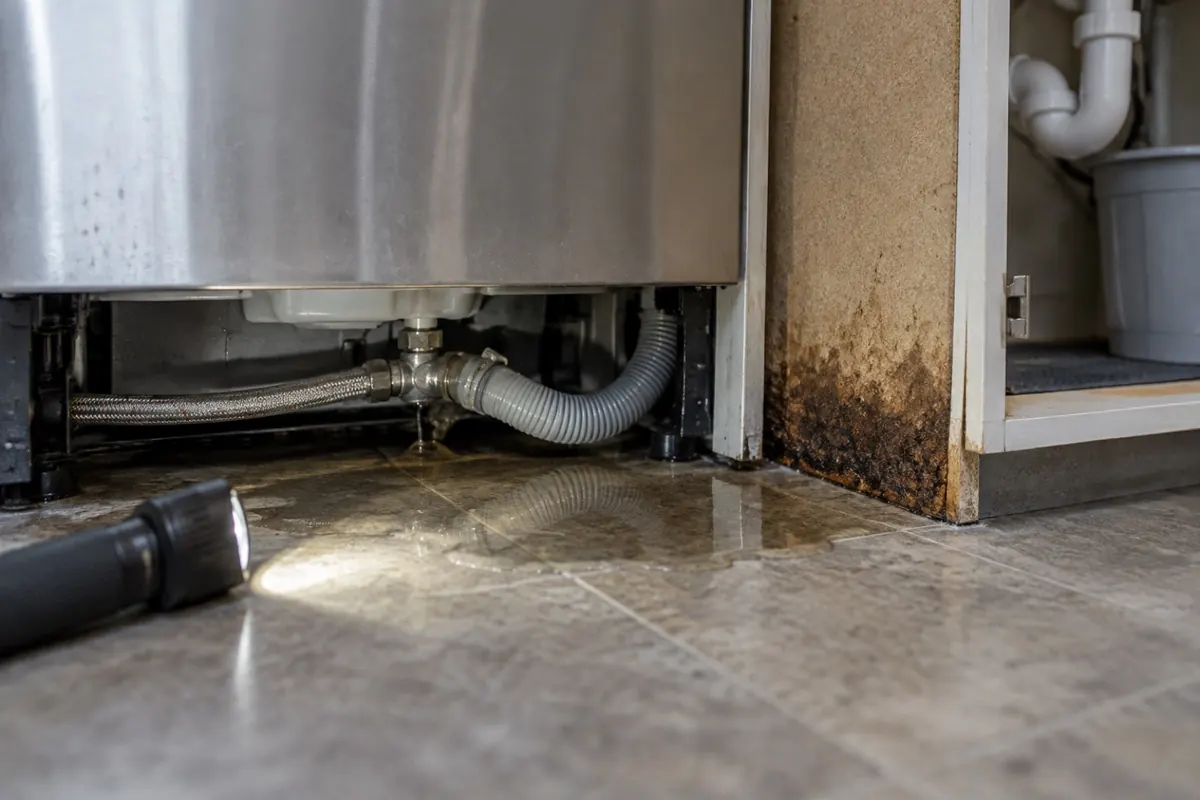 Illustration: the space under a dishwasher with a puddle on the floor and a swollen, darkened cabinet side panel.