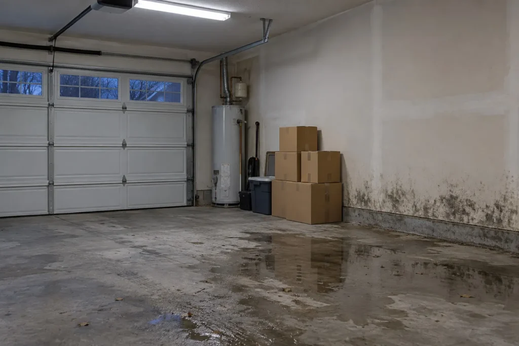 Illustration: an attached garage with meltwater on the slab, dark growth along the base of the house wall and cardboard boxes stacked against it.