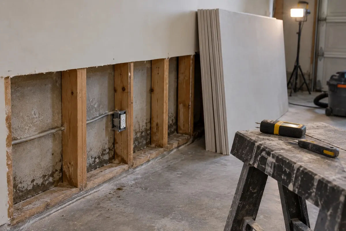 Illustration: garage drywall cut away at the base of a wall to expose studs and the bottom plate, with new gypsum panels and a moisture meter nearby.