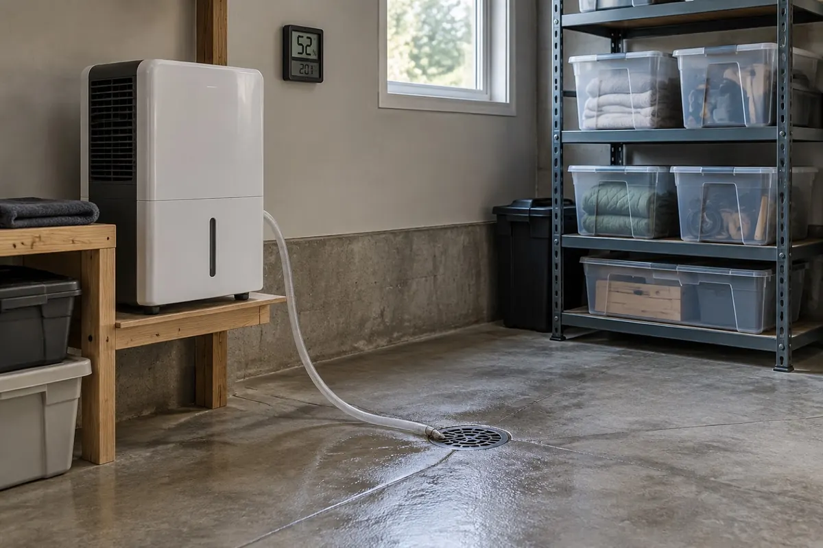 Illustration: a garage corner with a dehumidifier draining to a floor drain and plastic bins on raised metal shelving.