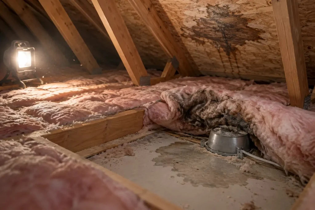 Illustration: fiberglass attic insulation pulled back to show staining around a ceiling penetration, not a reference image for identifying mold