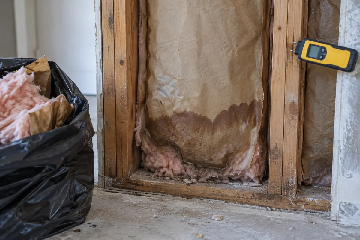 Illustration: wet kraft faced batts in an opened wall cavity, not a reference image for identifying mold